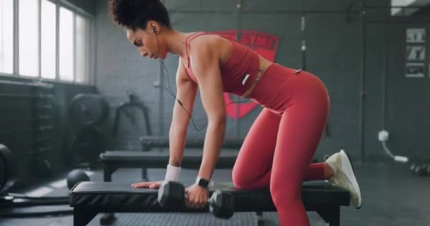 Tyngdlyftning Svart Kvinna Och Vikt Ett Gym För Armstyrka Och — Stockvideo