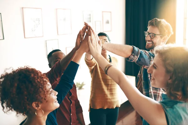 Just Keep Winning Group Designers High Fiving Together Office — Stock Photo, Image