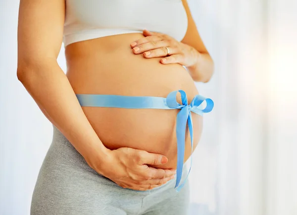 Boy Boy Hes Almost Here Pregnant Woman Blue Ribbon Tied — Stock Photo, Image