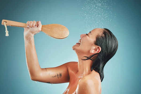 Music Skincare Woman Singing Shower Cleaning Wellness Health Beauty Splash — Stock Photo, Image