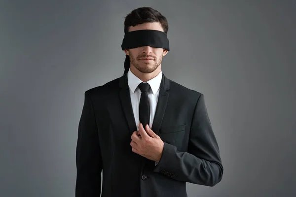 Trust Unseen Studio Shot Young Businessman Wearing Blindfold Gray Background — 스톡 사진