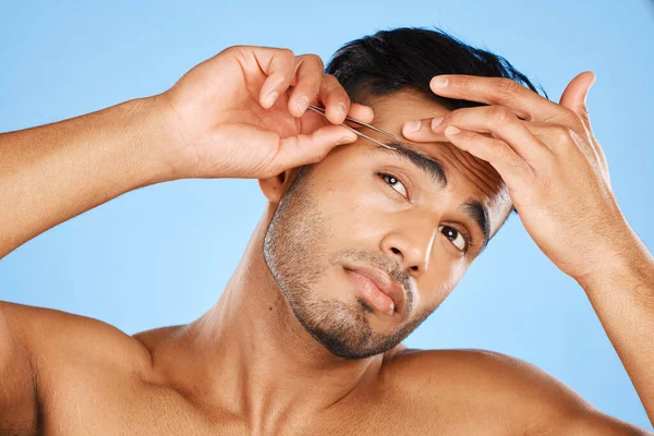 Tweezers, eyebrow and hair removal of man for skincare, aesthetic beauty or clean face on studio blue background. Arab guy model, facial treatment and brows shape of wellness, cosmetics and self care.