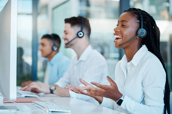 Telemarketing, customer service and call center worker consulting online in sales crm company. Ecommerce, contact us and consultant with internet support, communication and conversation with computer.