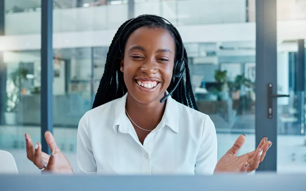 Call center, customer service and video call with black woman for support in telemarketing office. Video conference, employee or female consultant from Nigeria consulting online on computer webinar.