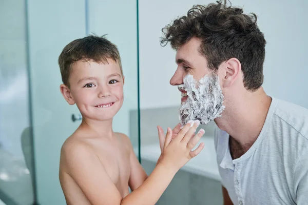 Getting Dad Ready Clean Shave Portrait Little Boy Rubbing Shaving — Stock Photo, Image