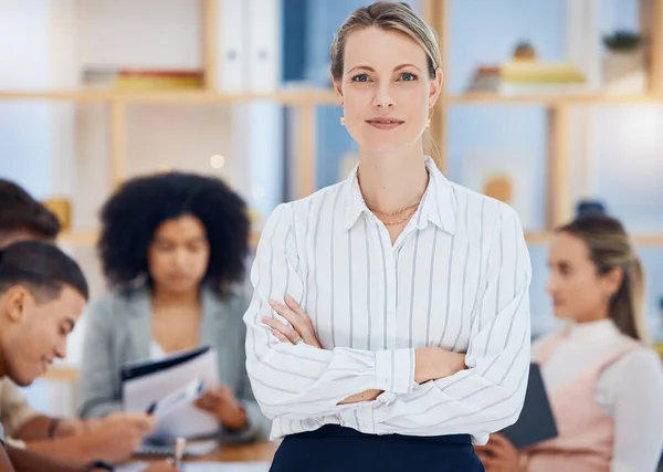 stock image Business woman, success and startup entrepreneur in a office team meeting feeling proud. Portrait of a corporate ceo, worker and manager ready for teamwork, collaboration and staff job planning.
