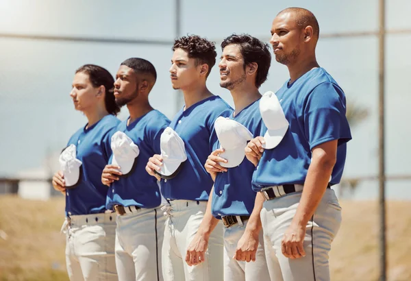 Sports, baseball anthem and athlete team ready for start of game or club competition on local baseball field. Solidarity, respect and softball player singing, prepare for fitness training or workout.