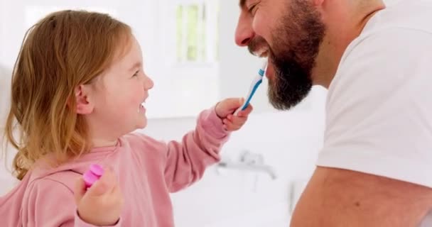 Happy Family Dental Brushing Teeth Girl Father Bathroom Hygiene Learning — Stock Video