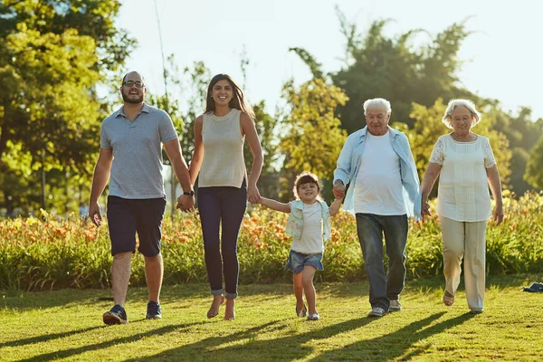 家族ほど生活に質を加えるものはない 公園で一緒に散歩に行く幸せな家族が — ストック写真