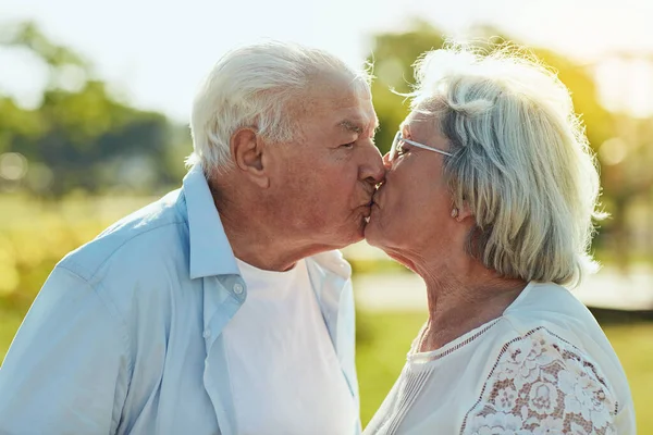 真の愛とは何でしょうか 公園で愛のキスをする幸せな先輩夫婦 — ストック写真