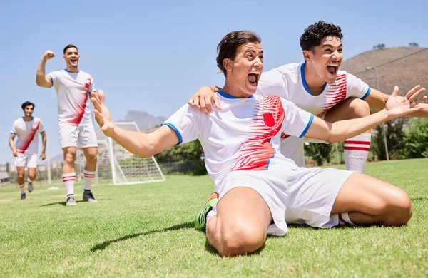 Ganador Éxito Equipo Competición Fútbol Emocionado Con Logro Del Juego —  Fotos de Stock