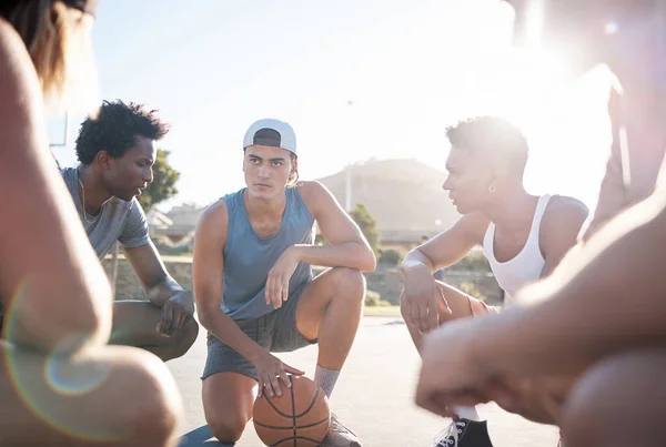 Basketball, team and meeting for sports strategy, collaboration or planning in discussion on the court. Group of athletic sport players in teamwork or competitive conversation for match or game plan.