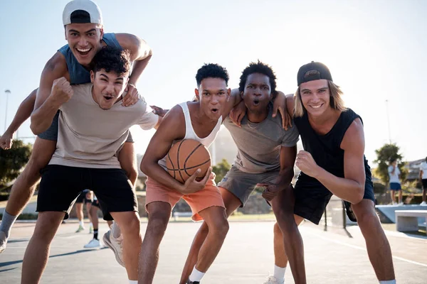 Basketball, team and friends in fun sports fitness, workout or exercise together on the court in the outdoors. Portrait of happy athletic sport players ready for match, game or training in teamwork.
