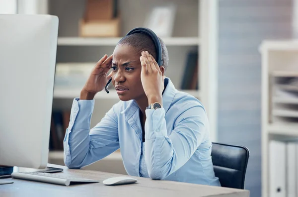 CRM, stress or customer support black woman with PC headache from stock market anxiety, depression or financial crisis in office. Contact us, girl or customer service woman with telecom mental health.