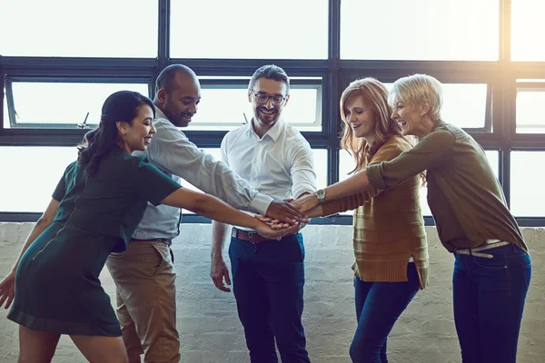 Anybody Can Can Group Colleagues Joining Hands Solidarity Work — Stock Photo, Image