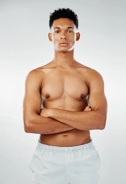 Fitness Sport Portret Mężczyzny Bez Koszulki Pozytywnym Nastawieniem Ciała Motywacją — Zdjęcie stockowe