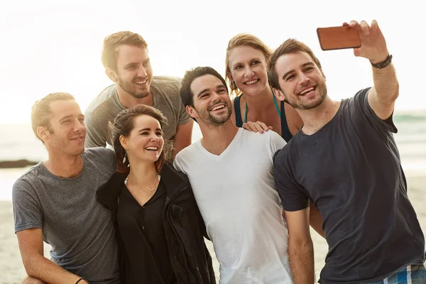 Sunshine Reason Enough Smile Group Happy Young Friends Posing Selfie — Stock Photo, Image
