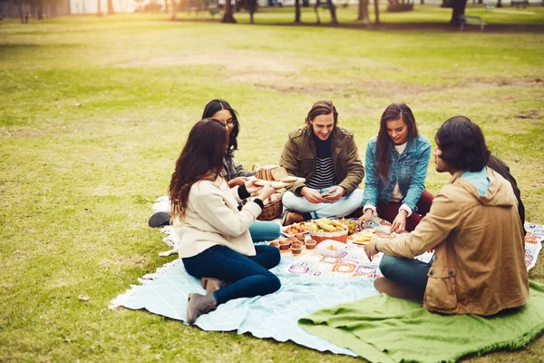 Brought Lot Food Today Group Cheerful Young Friends Having Picnic — Stock Photo, Image