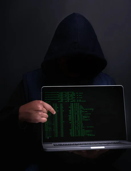 Можешь Стать Следующей Жертвой Портрет Неузнаваемого Хакера Держащего Ноутбук Тёмном — стоковое фото