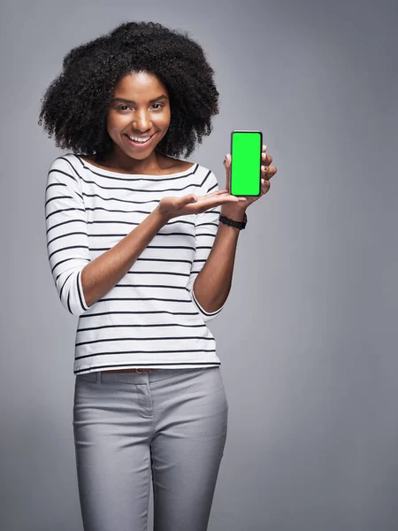 Benim Kişisel Favorim Gri Arka Planda Yeşil Ekranlı Akıllı Telefonu — Stok fotoğraf