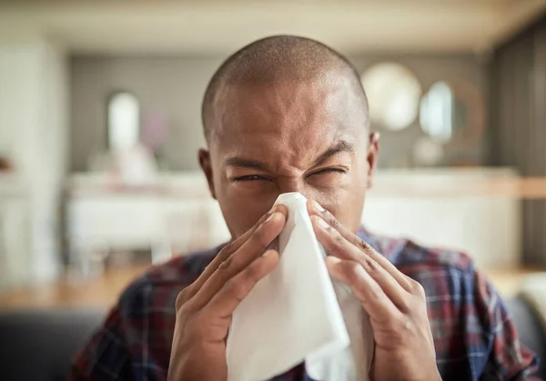 Why Sick Again Portrait Uncomfortable Looking Young Man Sneezing Tissue — Stock Photo, Image