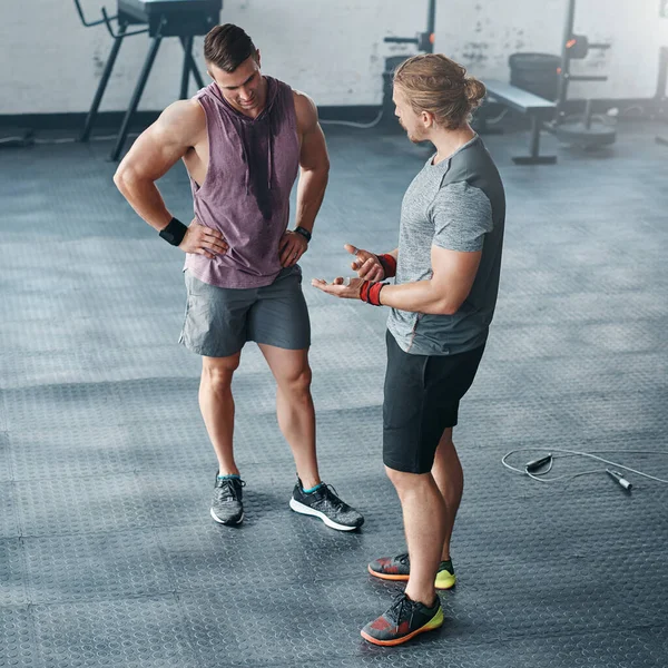 Should Change Our Routine Two Young Men Chatting Gym — Stock Photo, Image