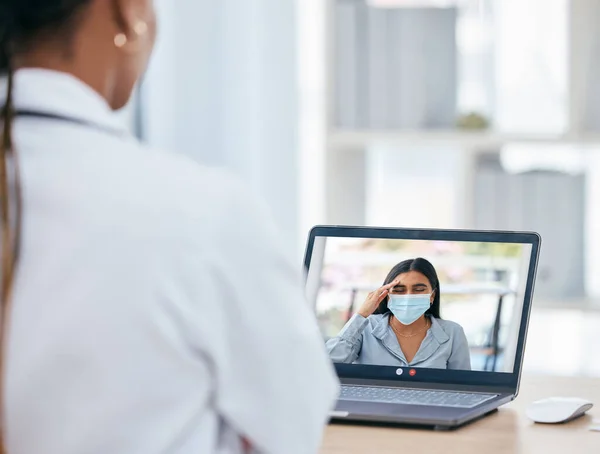 Covid Video Call Remote Work Woman Patient Laptop Screen Meeting — 图库照片