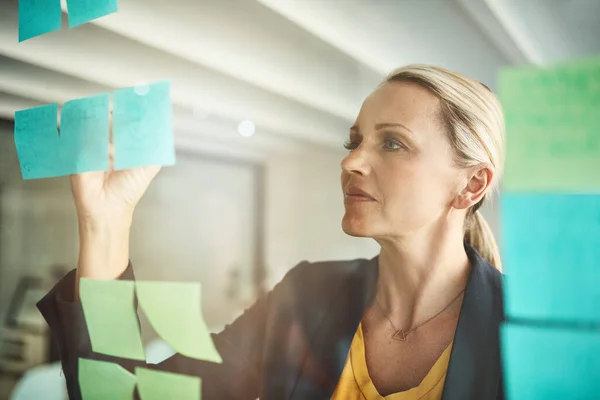 Carefully Mapping Out Her Strategy Mature Corporate Businesswoman Planning Glass — Stock Photo, Image