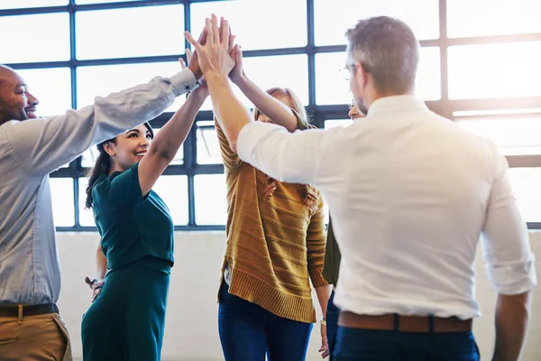 Success Ours Lets Get Group Colleagues Giving Each Other High — Stock Photo, Image