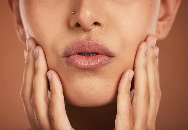 Belleza Maquillaje Manos Por Labios Mujer Para Cosméticos Faciales Cuidado — Foto de Stock