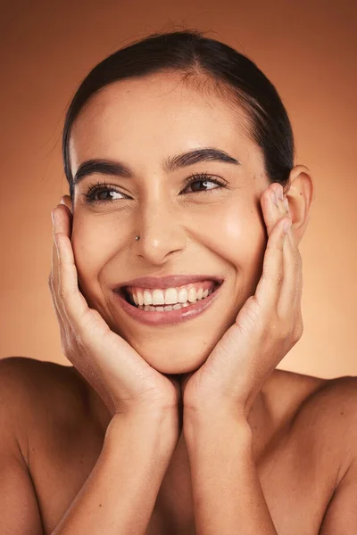 Skincare, beauty and woman excited about skin, health and dermatology cream or natural makeup cosmetics with a smile. Happy female model in studio for wellness, self care or detox facial with a glow.