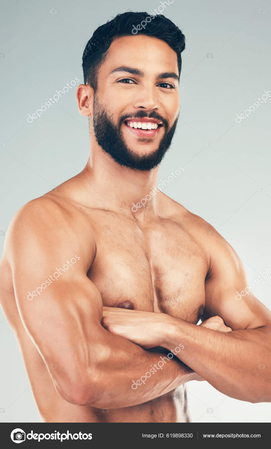 Foto Stock Health, fitness and body of a man in studio for health, wellness  and self care motivation for a healthy lifestyle. Strong aesthetic model in  underwear for exercise, training and workout