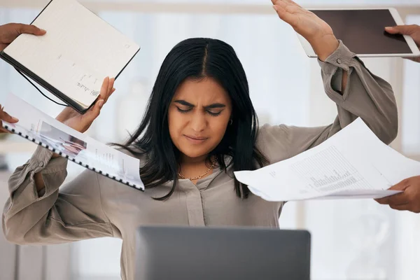 Busy woman, office documents and burnout from work overload, stress and chaos in corporate workplace. Overworked company employee, paperwork and professional staff multitasking paperwork for deadline.