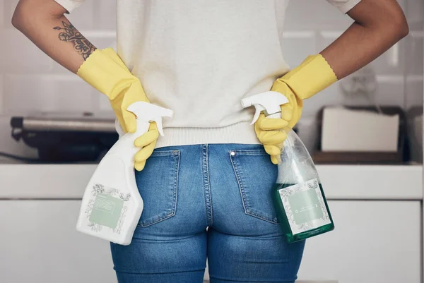 Cleaning Housework Woman Ready Spray Bottle Yellow Gloves Kitchen Home — Stock Photo, Image
