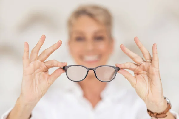 Vision Eyesight Glasses Hands Blur Woman Has Poor Eye Sight — Stock Photo, Image