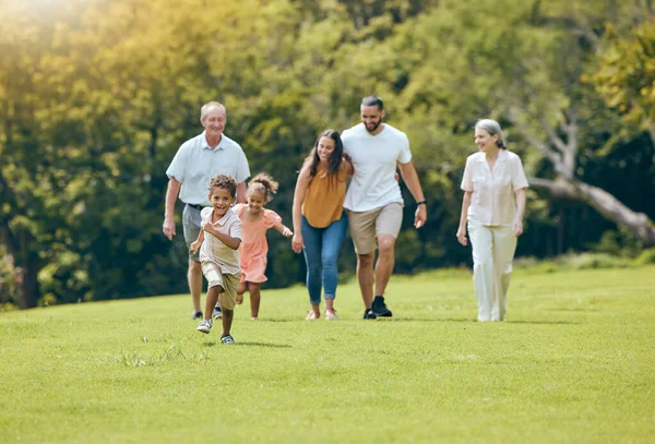 Grootouders Ouders Kinderen Wandelen Het Park Gelukkig Hechtend Buiten Liefdevol — Stockfoto