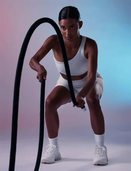 Exercício Treinamento Menina Fitness Corda Para Prática Cardio Musculatura Resistência — Fotografia de Stock