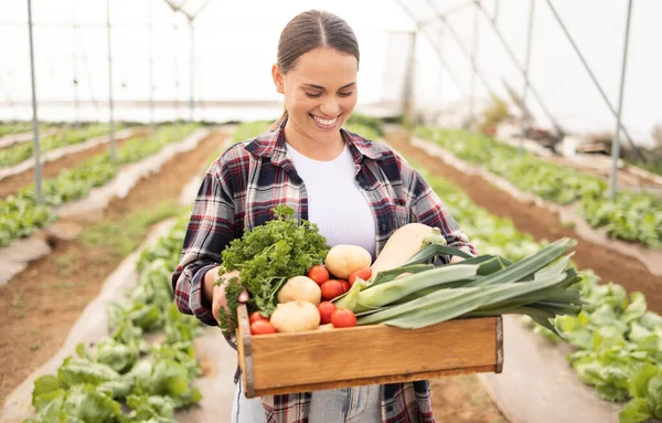 Vegetais Estufa Mulher Agricultor Sorriem Agricultura Sustentável Feliz Com Produtos — Fotografia de Stock