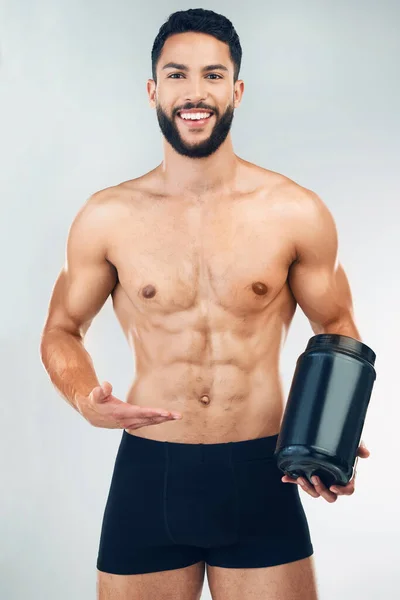 Fitness Člověk Bílkovinný Produkt Zdraví Pro Zdraví Cvičení Trénink Portrét — Stock fotografie