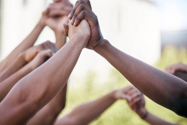 Diversity, holding hands and support with solidarity and prayer circle outdoor together. Group hands in air, motivation and team building for collaboration help, trust and friends hope for community clipart