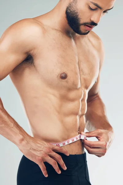 Muž Měření Páska Pro Hubnutí Cíl Tělo Wellness Zdravý Životní — Stock fotografie