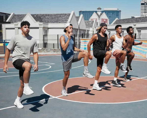 Basket Stretching Och Lagträning Innan Fitness Motion Och Hastighet Prestanda — Stockfoto