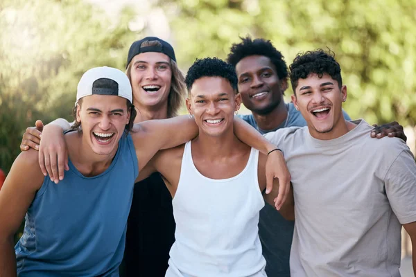stock image Men, laughing and bonding on sports court in fitness, workout or training for community game, match and competition. Portrait, smile and happy exercise friends, people and students in team diversity.