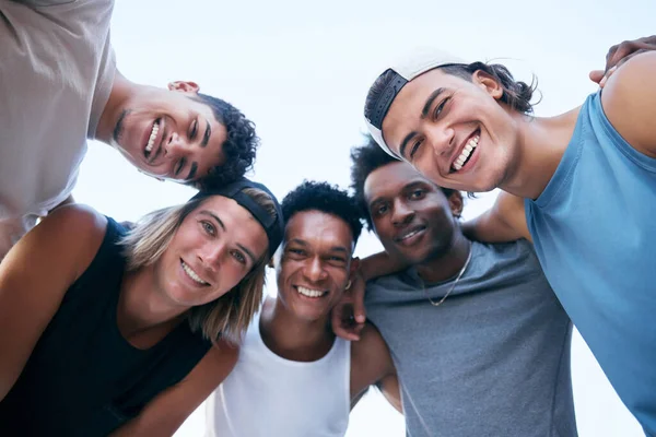 Portrait Diversity Sports Men Huddle Together Training Content Outdoor Young — Stock Photo, Image