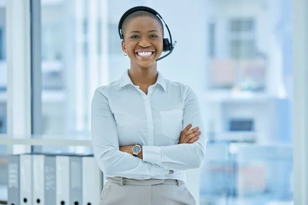 Call Center Atención Cliente Mujer Negra Feliz Comunicación Consultoría Hablar —  Fotos de Stock
