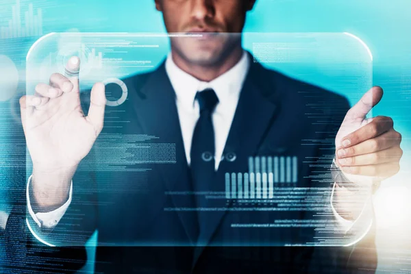 Holograma Homem Negócios Tablet Digital Para Análise Financeira Planejamento Negociação — Fotografia de Stock