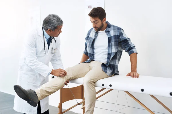 Seems Swollen Here Mature Male Doctor Doing Check Young Patient — Stock Photo, Image