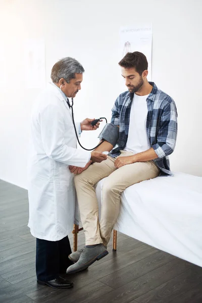 Deep Breaths Mature Male Doctor Doing Check Young Patient Whos — Stock Photo, Image
