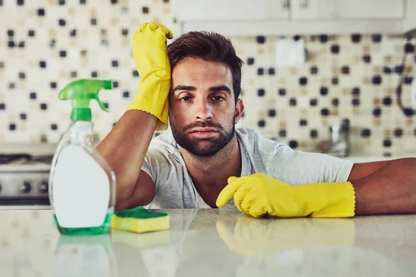 Housework Just Women Handsome Young Man Cleaning His Home — Stockfoto