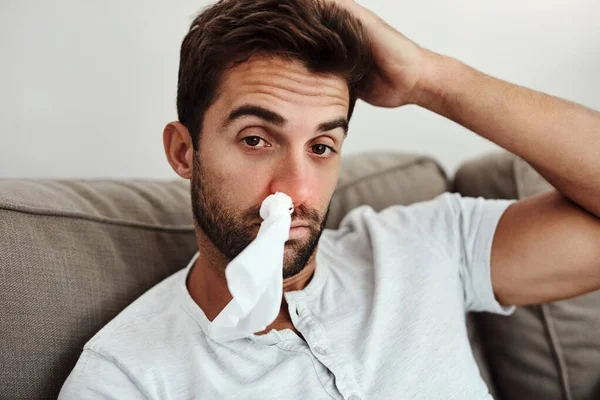 Looks Its Flu Season Again Cropped Portrait Young Man Tissue — Stock Photo, Image